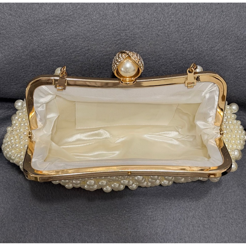 Faux Pearl Beaded Evening Clutch Bag Cream White Gold Frame Wedding Bridal Purse - Picture 3 of 8